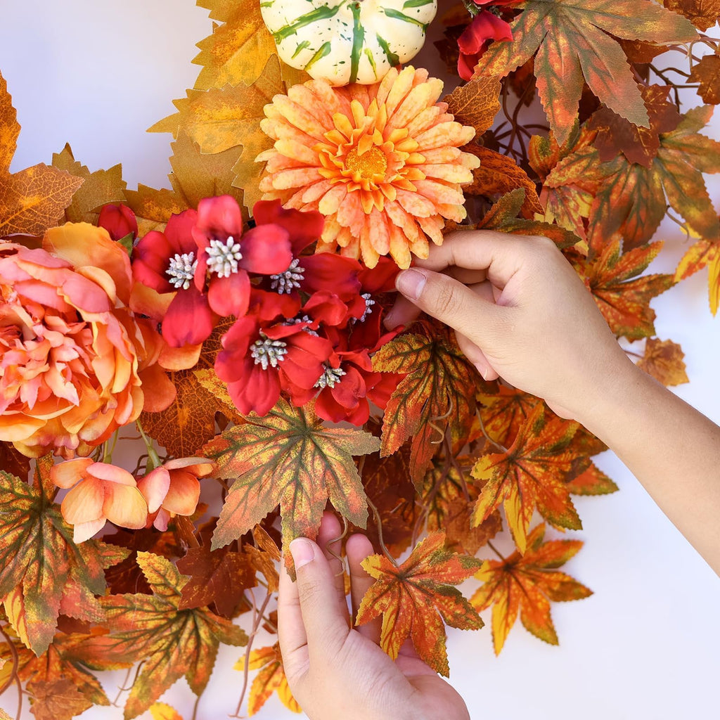 26" Artificial Fall Wreath, Silk Flowers Maple Leaf for Front Door (Orange)