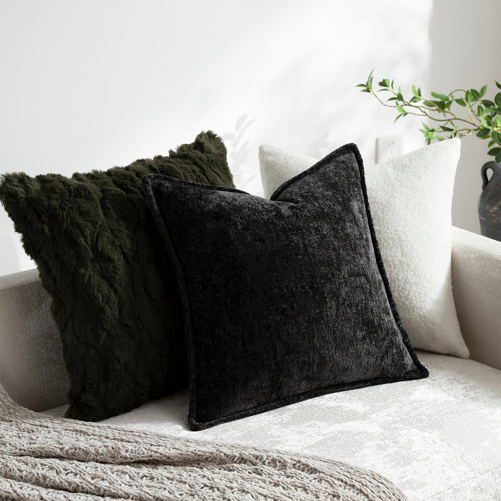 Pack of 2 Black Decorative Throw Pillow Covers 18x18 Cozy Soft Chenille Accent Vintage Square Couch Pillow Covers