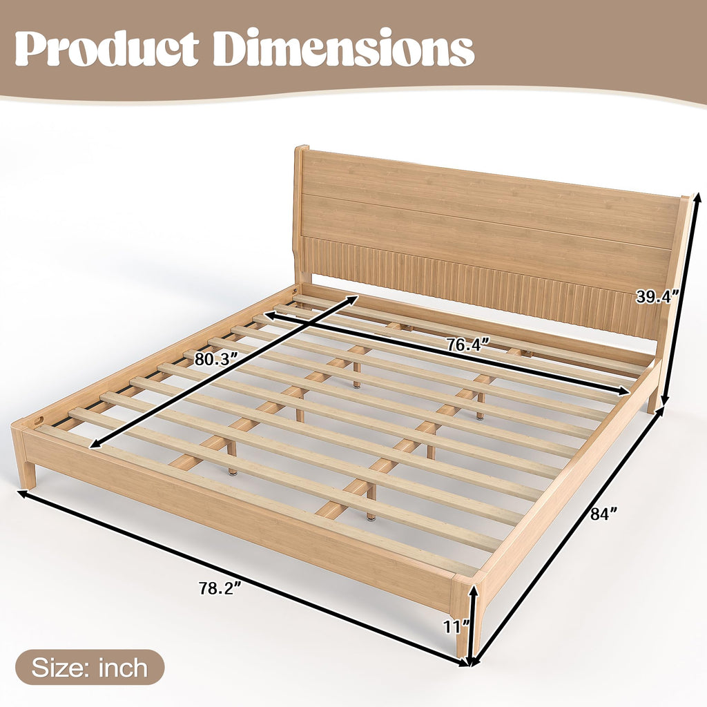 King Size Bamboo Platform Bed with Tall Headboard, Mid-Century Modern Floating Bed Frame with Wooden Solid Support
