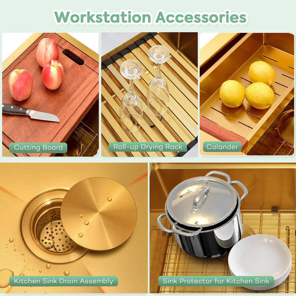 Gold Undermount Kitchen Sink,16 Gauge SUS304 Stainless Steel All In One Workstation Sinks with Full Set Accessories