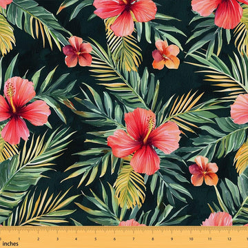 Leaf Fabric By The Yard, Hawaiian Plam Tree Upholstery Fabric for Chairs, Red Floral Decorative Fabric for Upholstery