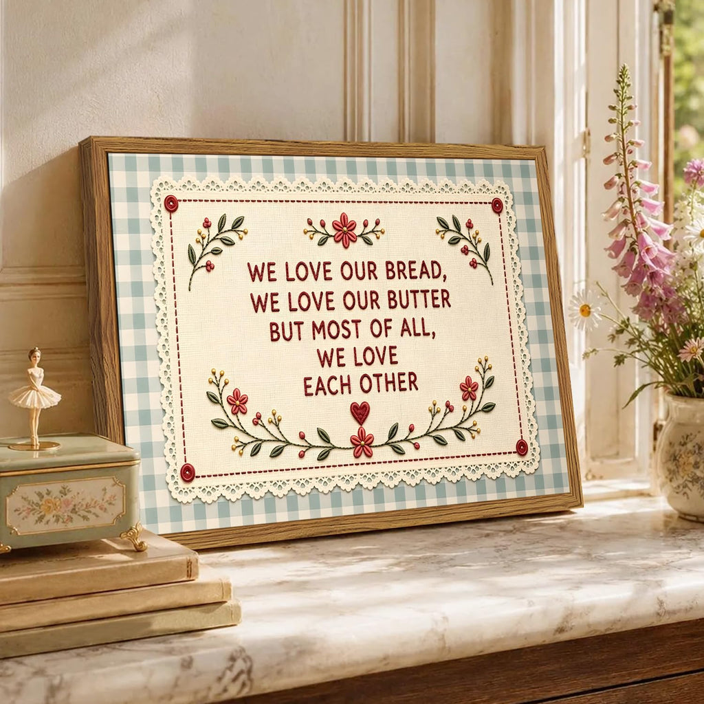 Framed Vintage Kitchen Wall Art, We Love Our Bread Butter and Each Other Quote Pictures Wall Decor, Green Gingham
