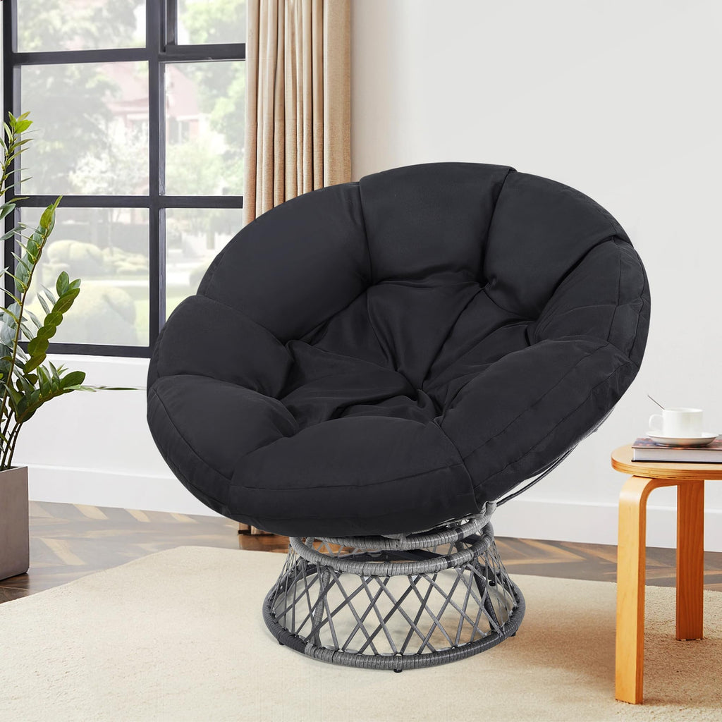 46" Oversized Rattan Papasan Chair, Grey Frame with Black Cushion
