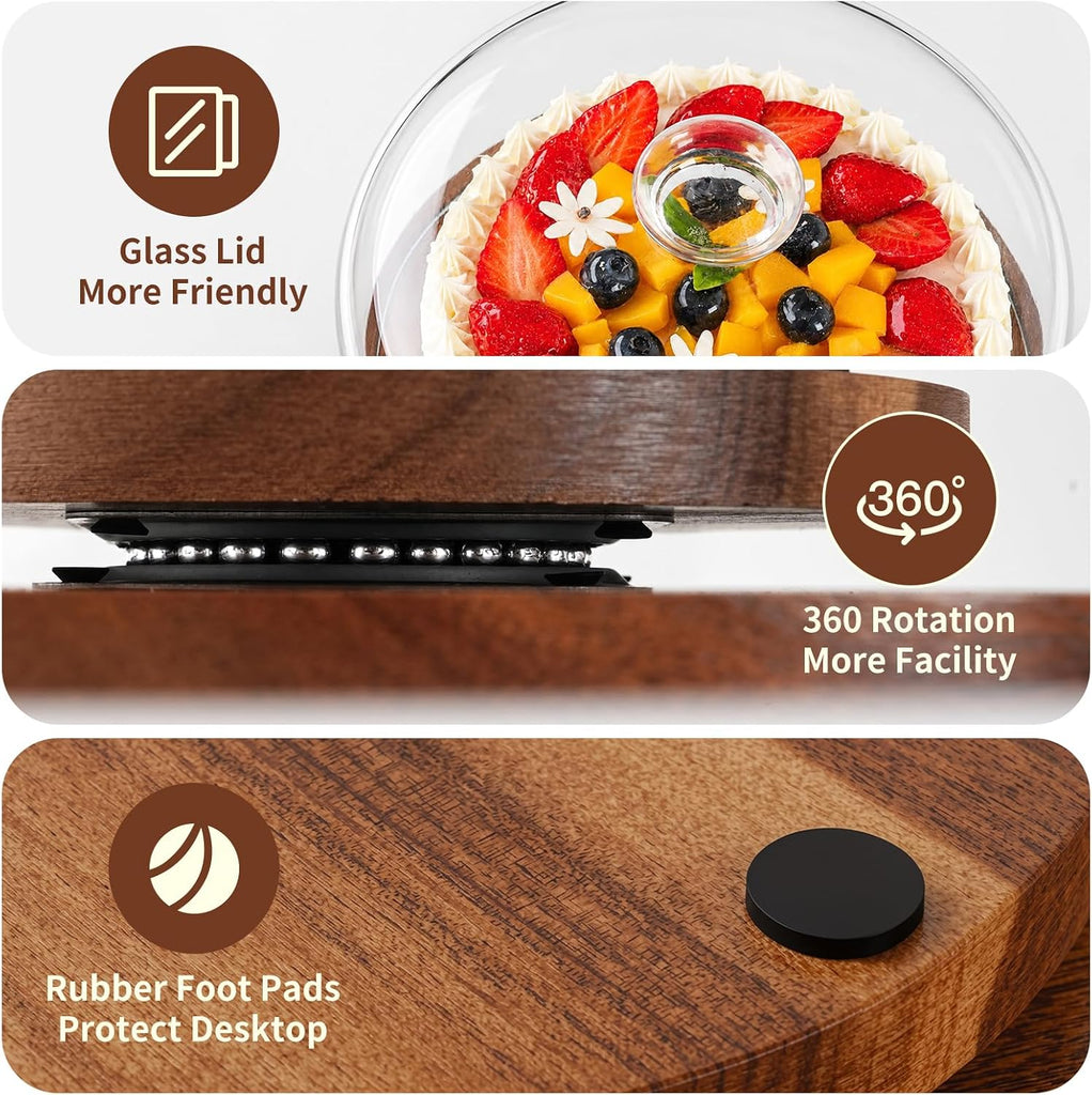 Acacia Wood Cake Stand with Glass Dome,11" Rotating Cake Stand for Desserts