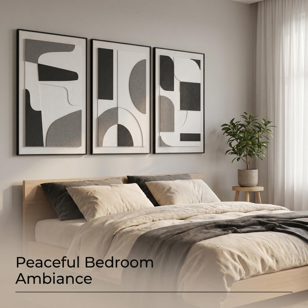 3Pcs 3D Sandstone Wall Art, Black Frame Abstract Geometric Relief