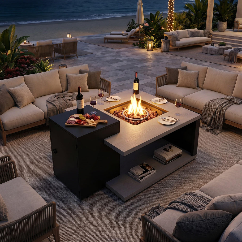 Rectangular Outdoor Fire Table with Propane Tank Cabinet, Aluminum Alloy Fire Pit Table Grey & Black 40.1"W