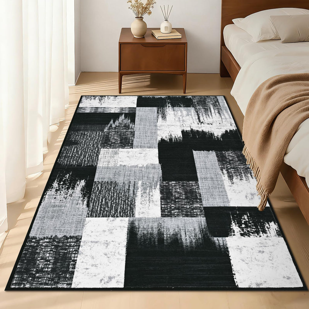 Modern Geometric Rug, Patchwork Grey Rugs Washable Abstract Area Rug Non Slip, Soft Bedroom Rugs Stain Resistant