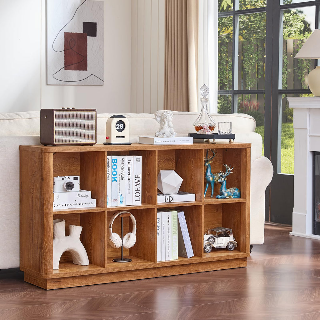 8 Cube Storage Book Shelf, 52" Long Horizontal Bookshelf with Curved Edge, Floor Standing Wooden Cubby Bookcase with