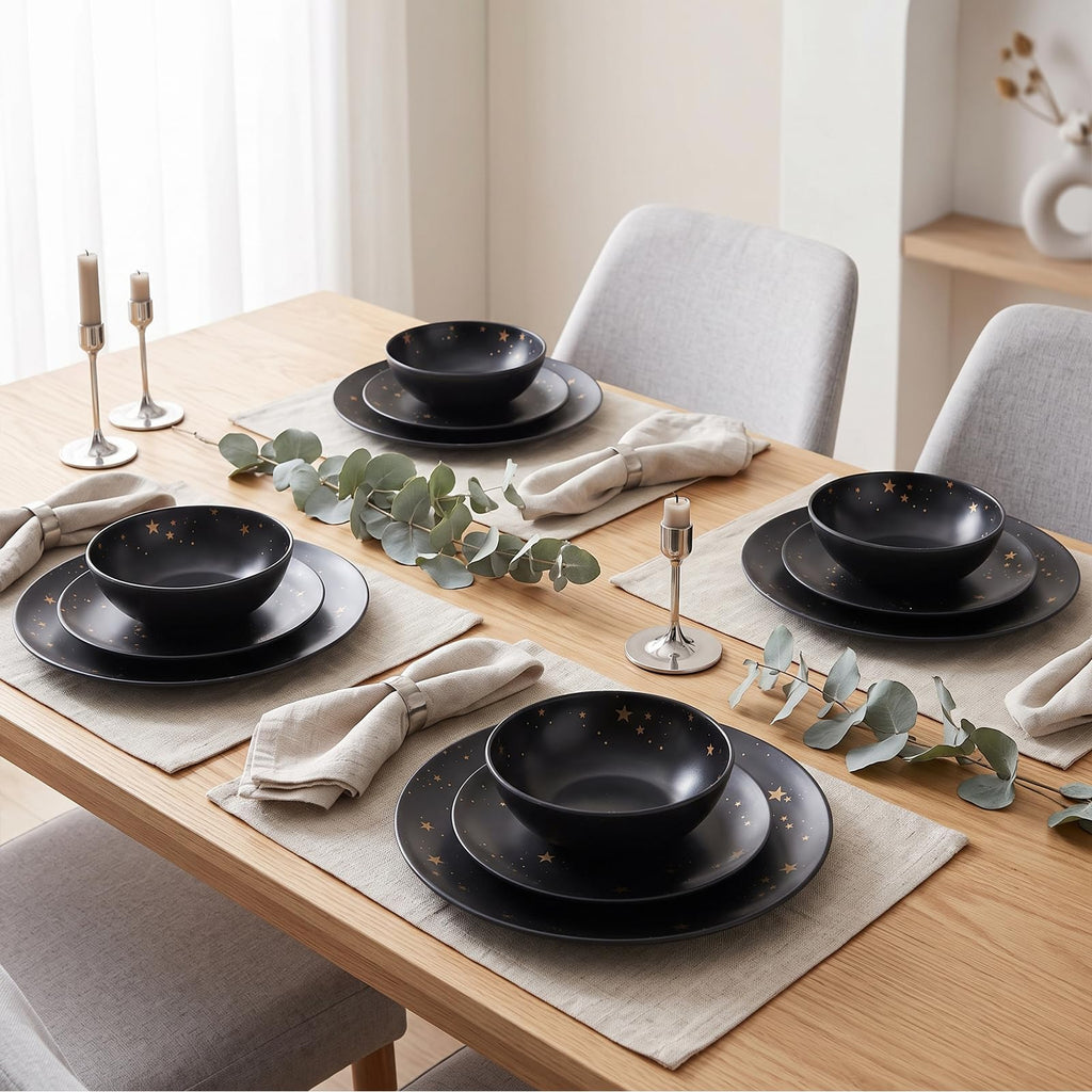 Black Melamine Dinnerware Sets - 12pcs Plates and Bowls Sets,Service for 4