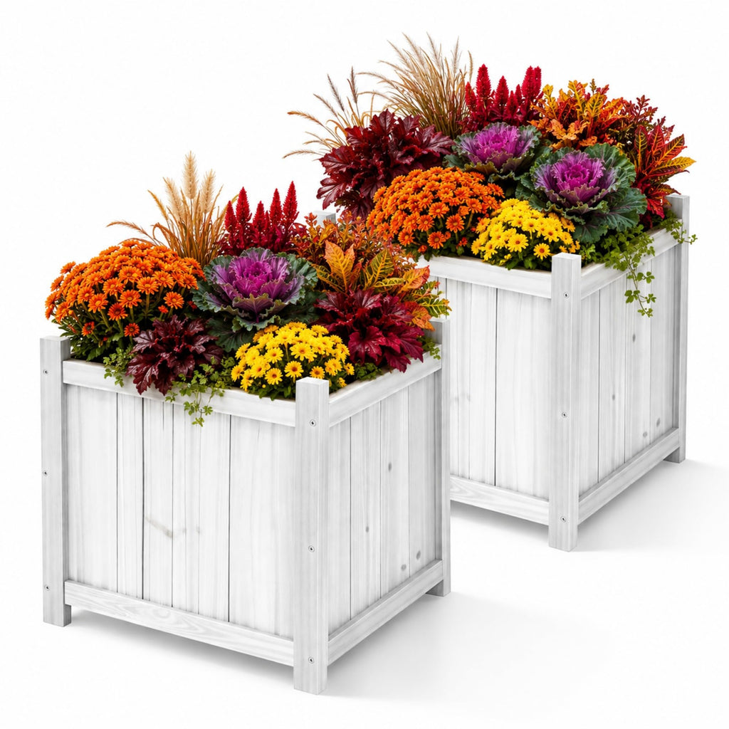 2-Pack 16" White Fir Wood Square Planter Boxes with Drainage Holes