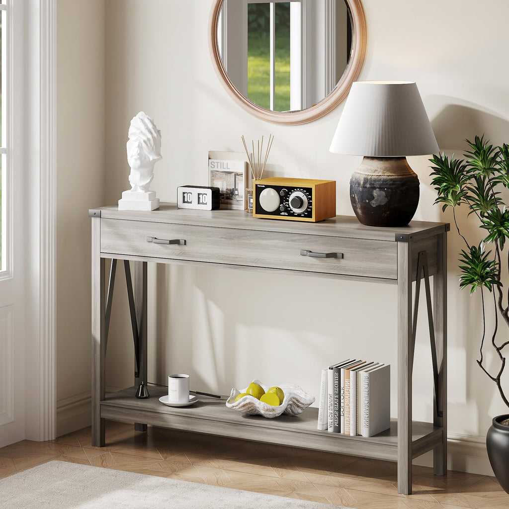 47 Inch Farmhouse Console Table with Drawer and Storage Shelf