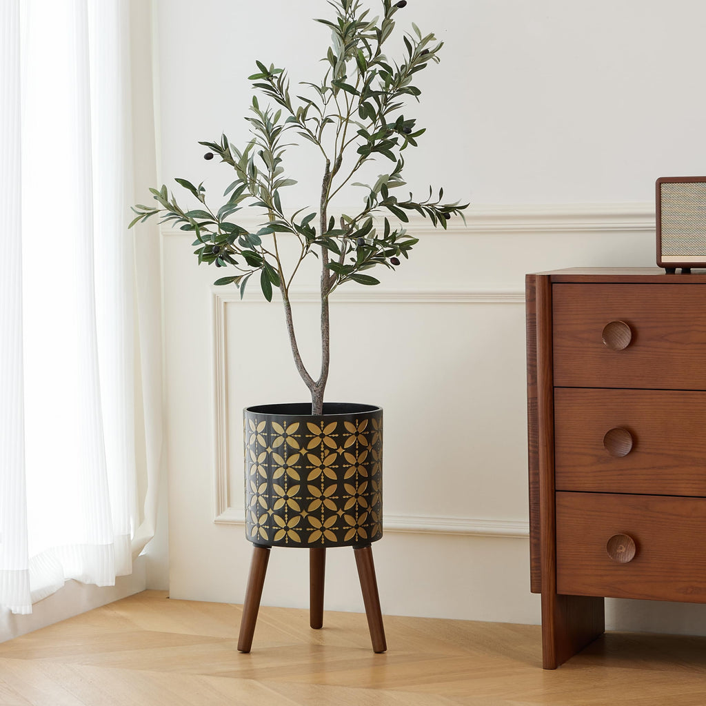 12 Inch Planter Pot with Stand, Planter for Indoor Plants, Drainage Holes and Rubber Plug, Modern Mid-Century Flower