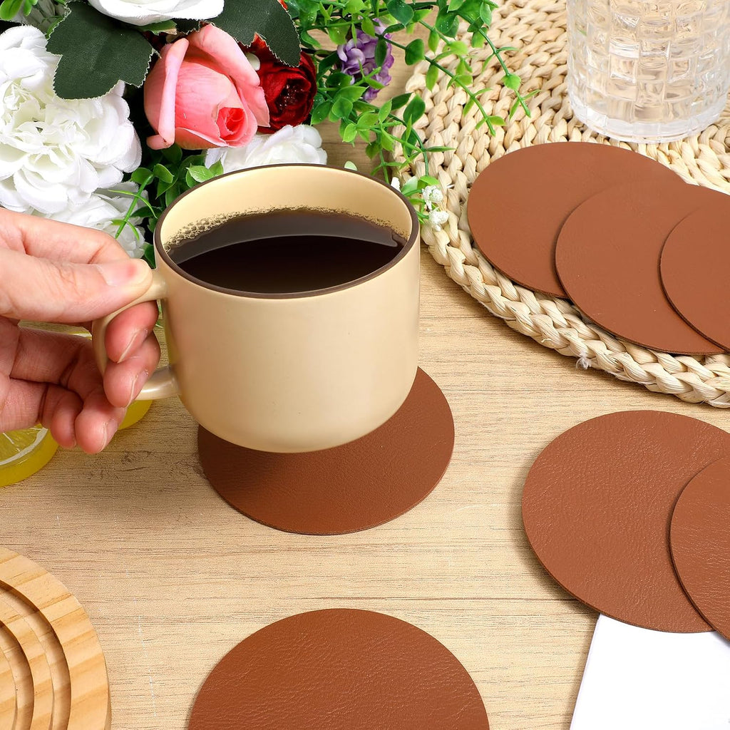 PU Leather Coasters, 4 Inch Round Leather Coasters 10 mm Thickness Brown Drink Coaster, Coffee, Tabletop - Set of 60