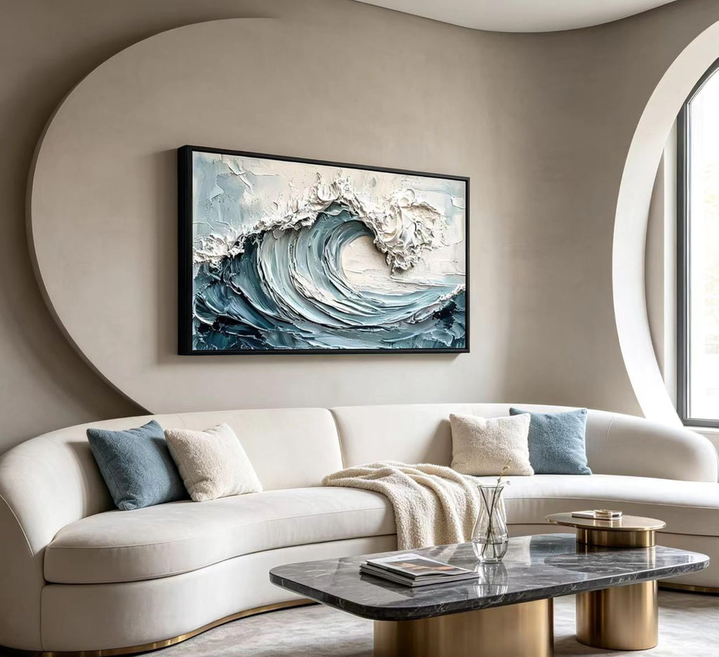 Large Abstract Textured Wave Wall Art, Blue Ocean Canvas Painting