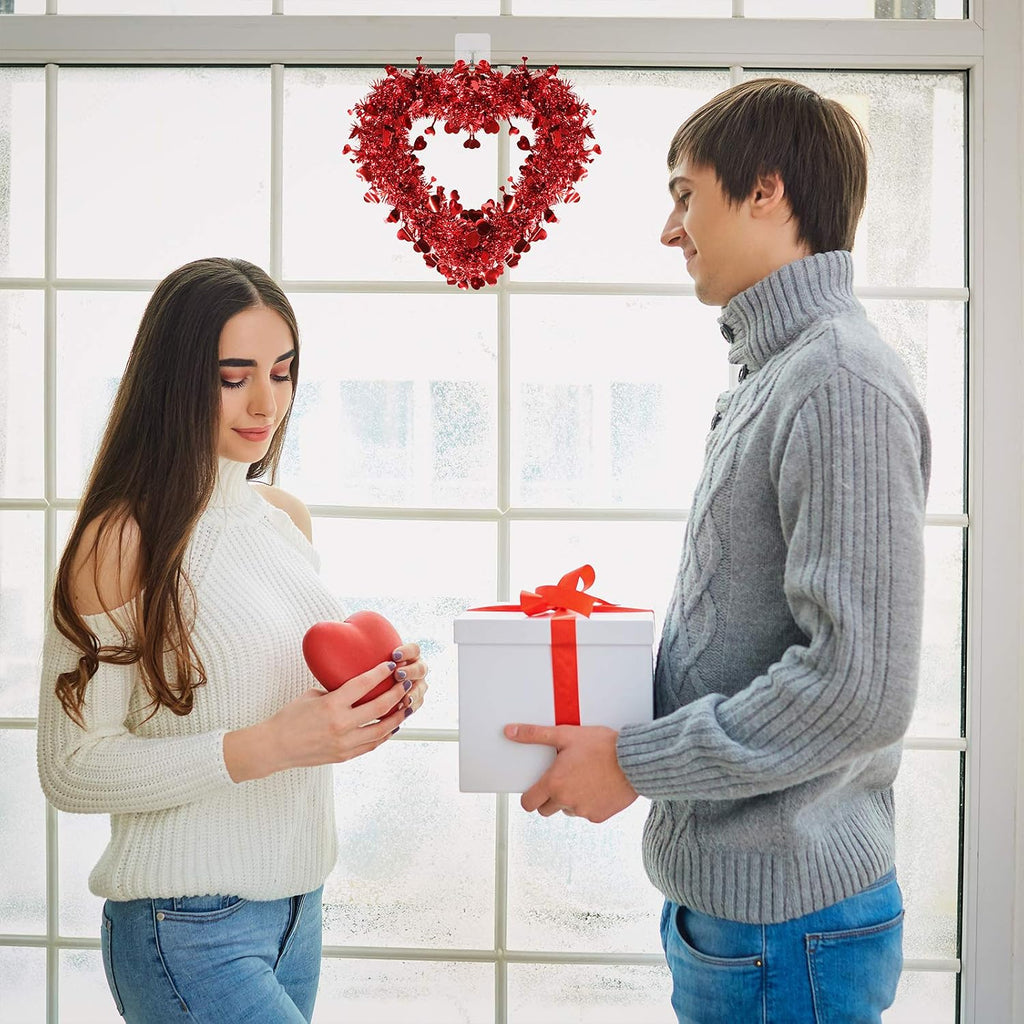 Red Valentine Heart Wreaths Tinsel Heart Shaped Wreaths with Foil Hearts Hanging Valentine's Day Wreaths - Set of 6