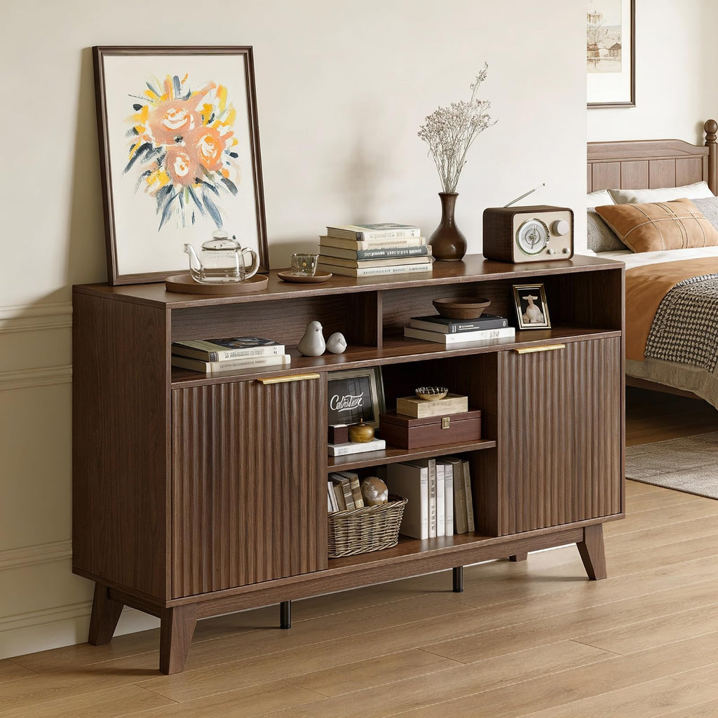 58" Fluted TV Stand with 4 Shelves and 2 Cabinets, Rustic Brown