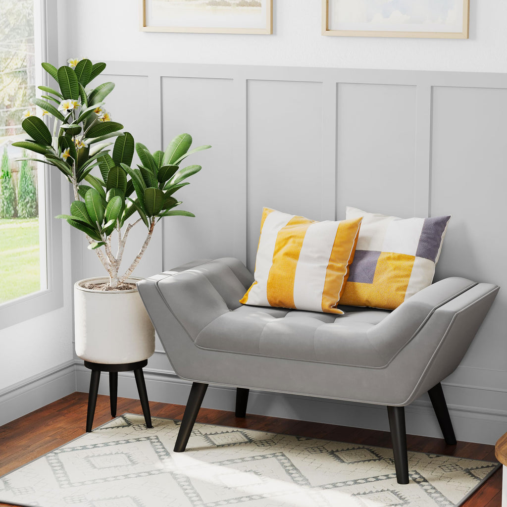 Upholstered Tufted Small Cute Bench Ottoman Foyer Bathroom Vanity Bedroom (One Seater, Velvet Grey)