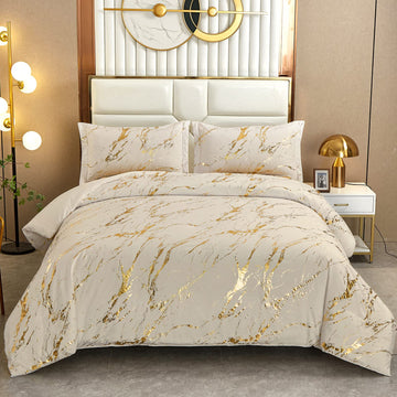 Khaki Gold Metallic Marble Comforter Set King Foil Print Glitter Bedding Sets with 2 Pillowcases for All Seasons