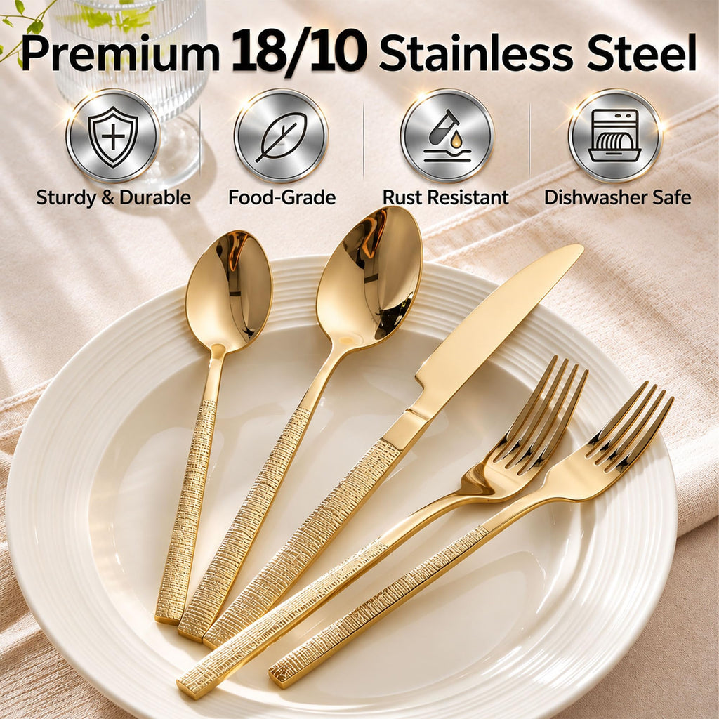 Gold Hammered Silverware Set for 1, 5-Piece 18/10 Stainless Steel Flatware