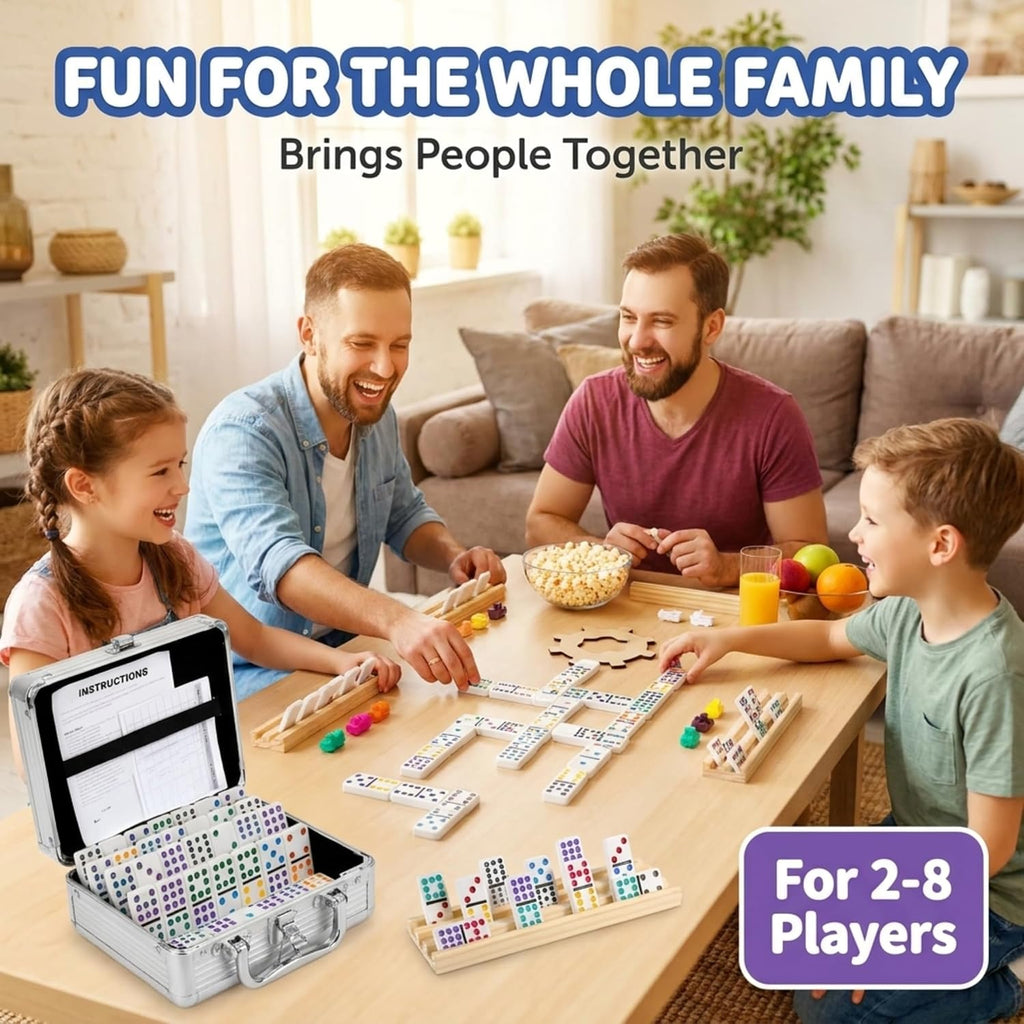 Mexican Train Dominoes Set with 4 Wooden Trays - 91 Double 12 Color Dot Dominoes, Aluminum Storage Case, 9 Train