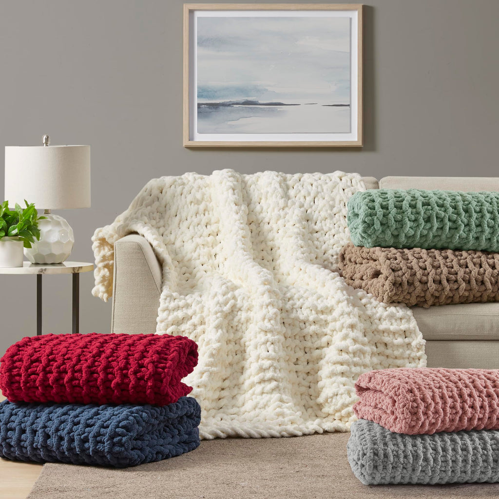 Chenille Chunky Knit Throw Blanket, 50 x 60", Navy Blue