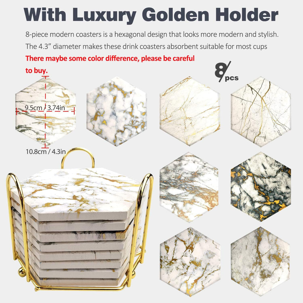 Coasters with Metal Holder Stand, Marble Design Ceramic Coaster Set, Cork Base, Gold Home Decor for Tabletop - Set of 8