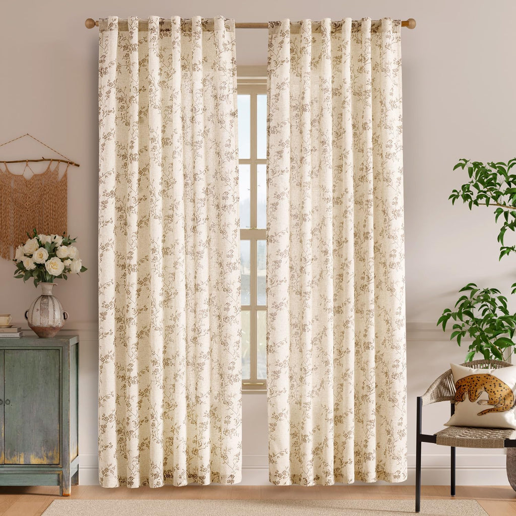 Taupe Floral Linen Curtains 84 Inch Farmhouse Curtain Back Tab Drapes for Living Room Bedroom Light Filtering Vintage