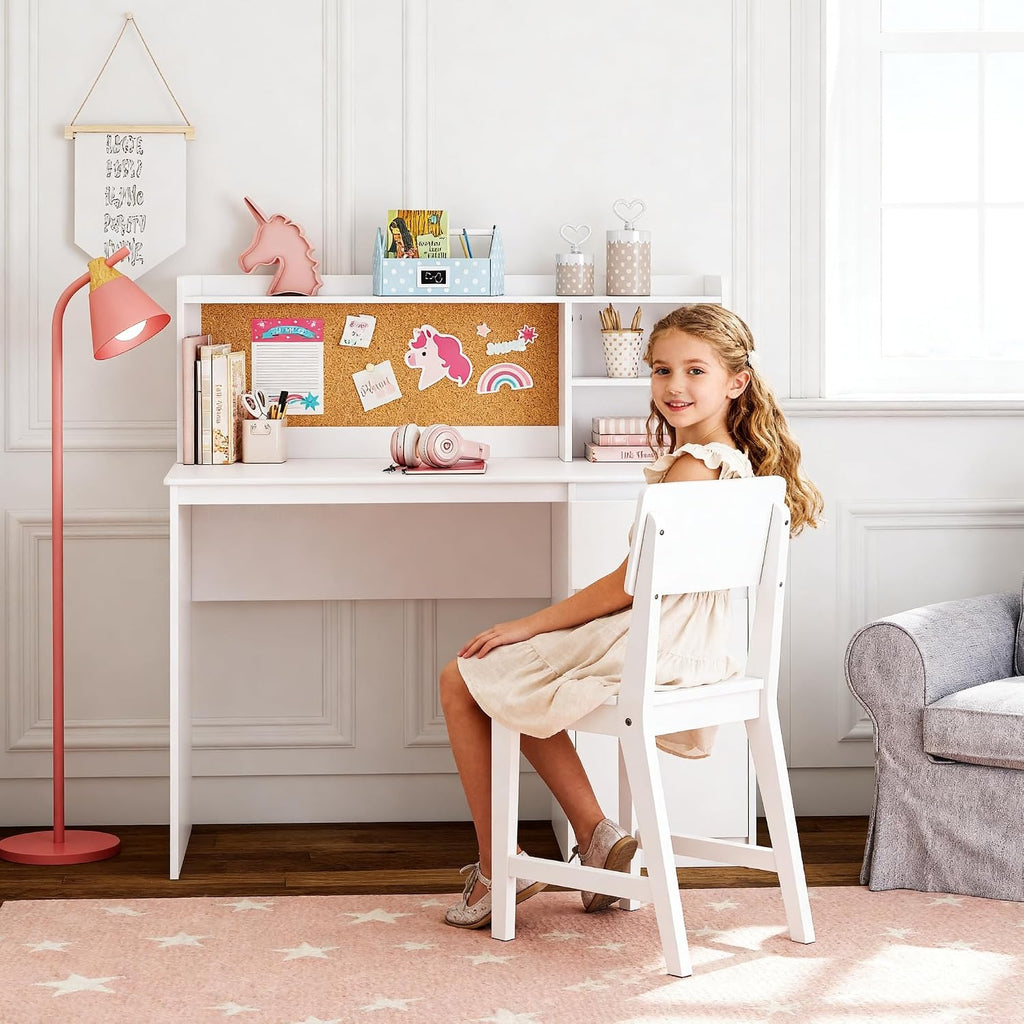 Wooden Kids Desk and Chair Set with Hutch and Storage for Ages 5-12