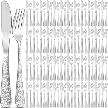100 Pieces Hammered Silverware Set Stainless Steel Forks and Knives Dinner Flatware Set Tableware Cutlery for Butter