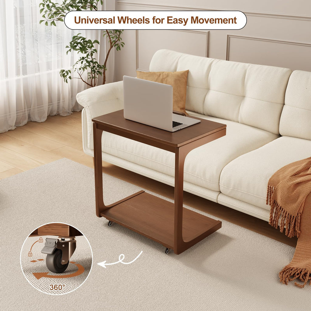 Wooden C-Shaped End Table, Couch Table with Adjustable Desktop, Small Rolling Side Table with 2 Lockable Wheels 23.6"