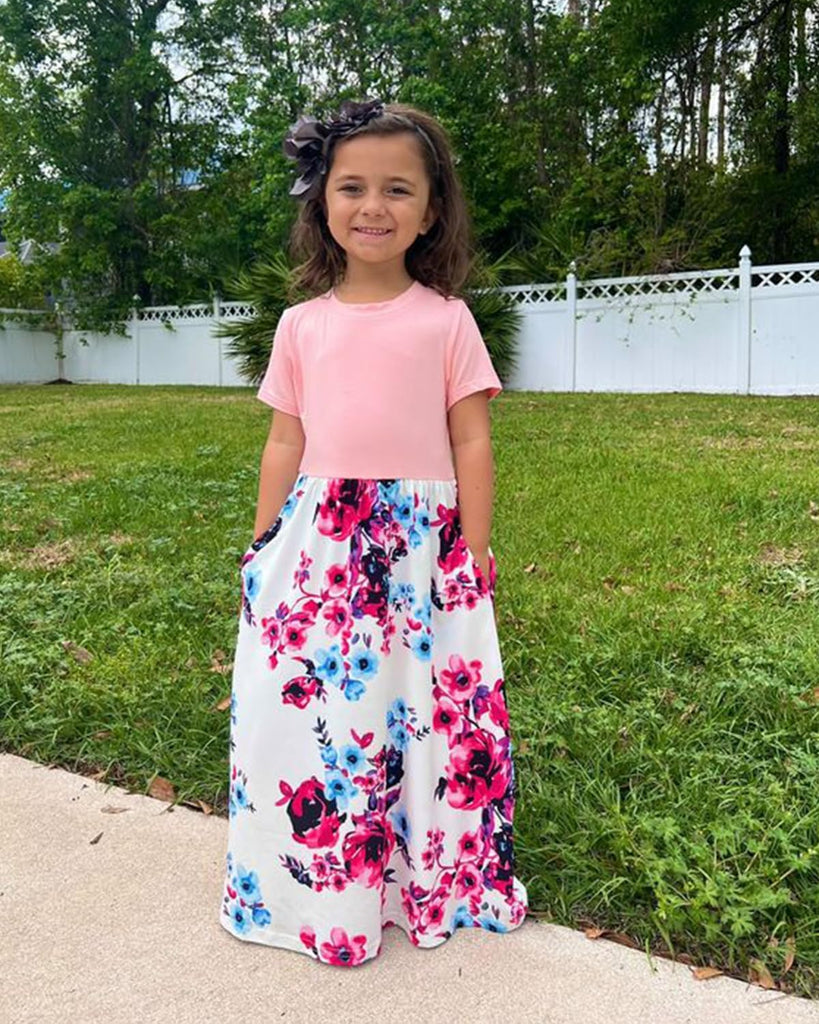 Girls Floral/Solid Maxi Dress Floor Length with Pockets Casual