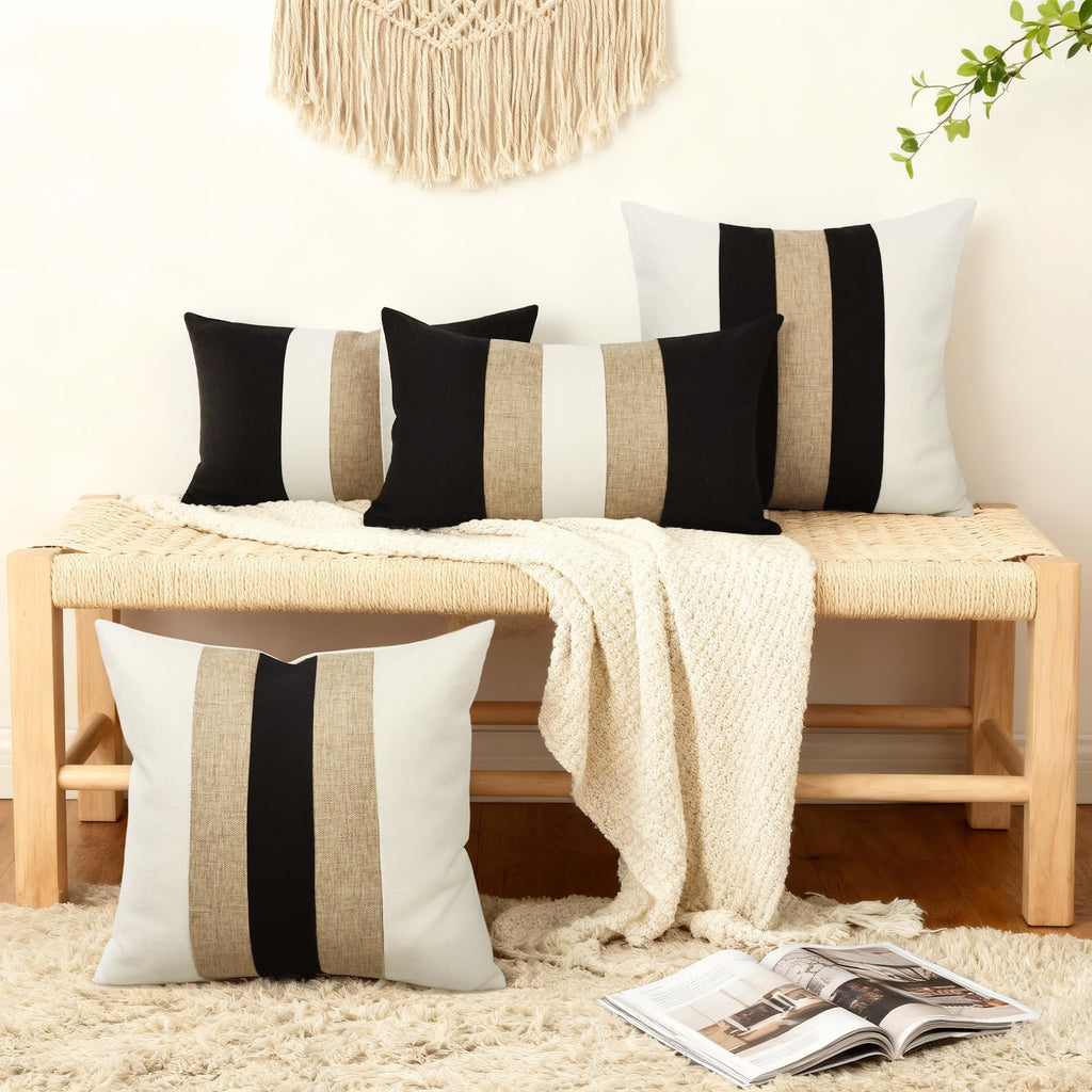 Linen Patchwork Pillow Covers 18x18 Inch Set of 2