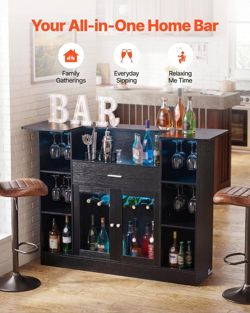 Home Bar Unit, Wine Bar Cabinet Table 4-Tier with Storage Drawer Shelves, Wine Glass Holder, Bottle Rack, LED Light