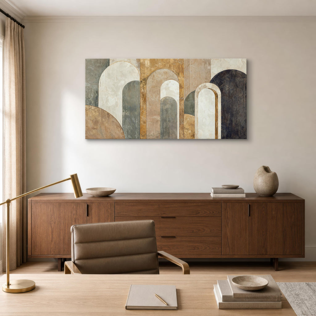 Large Neutral Abstract Canvas Wall Art, 58 x 29 Inch Geometric Arch Print in Beige, Sage and Muted Gold Tones