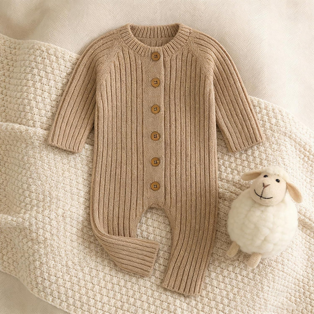 To 100% Cotton Knitted Baby Romper Sweater, Soft Long Sleeve One-Piece Outfit for Infant