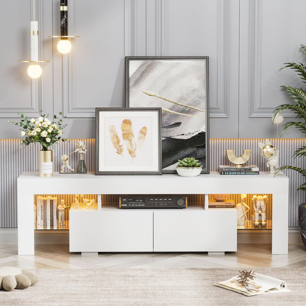 Modern TV Stand with LED Lights, Entertainment Center with Glass Shelves and Drawer, Mid Century TV Stand with