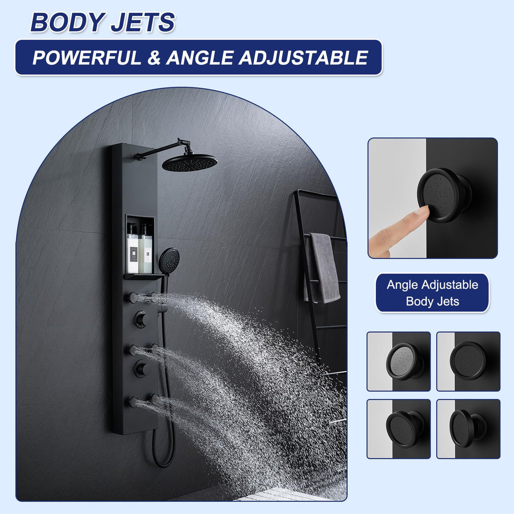 Shower Panel Tower System with Shelf & 6 Body Jets, Matte Black