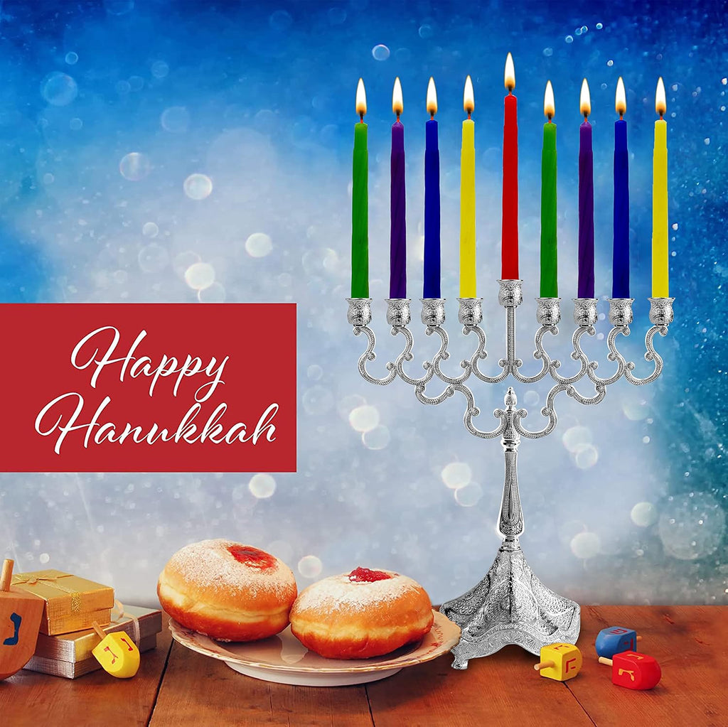 Silver Plated Candle - Fits All Standard Hanukkah Candles - Curved Branches - Embossed Design - 8" High x 6.5" Wide