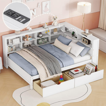 Wooden Full Size DayBed with Twin Size Trundle, DayBed with Storage Shelf and USB Charging Ports, White