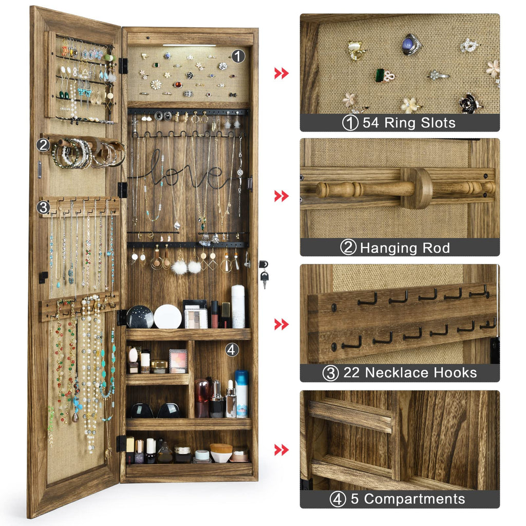 Jewelry Cabinet with Mirror, Lockable Door, Carbonized Black