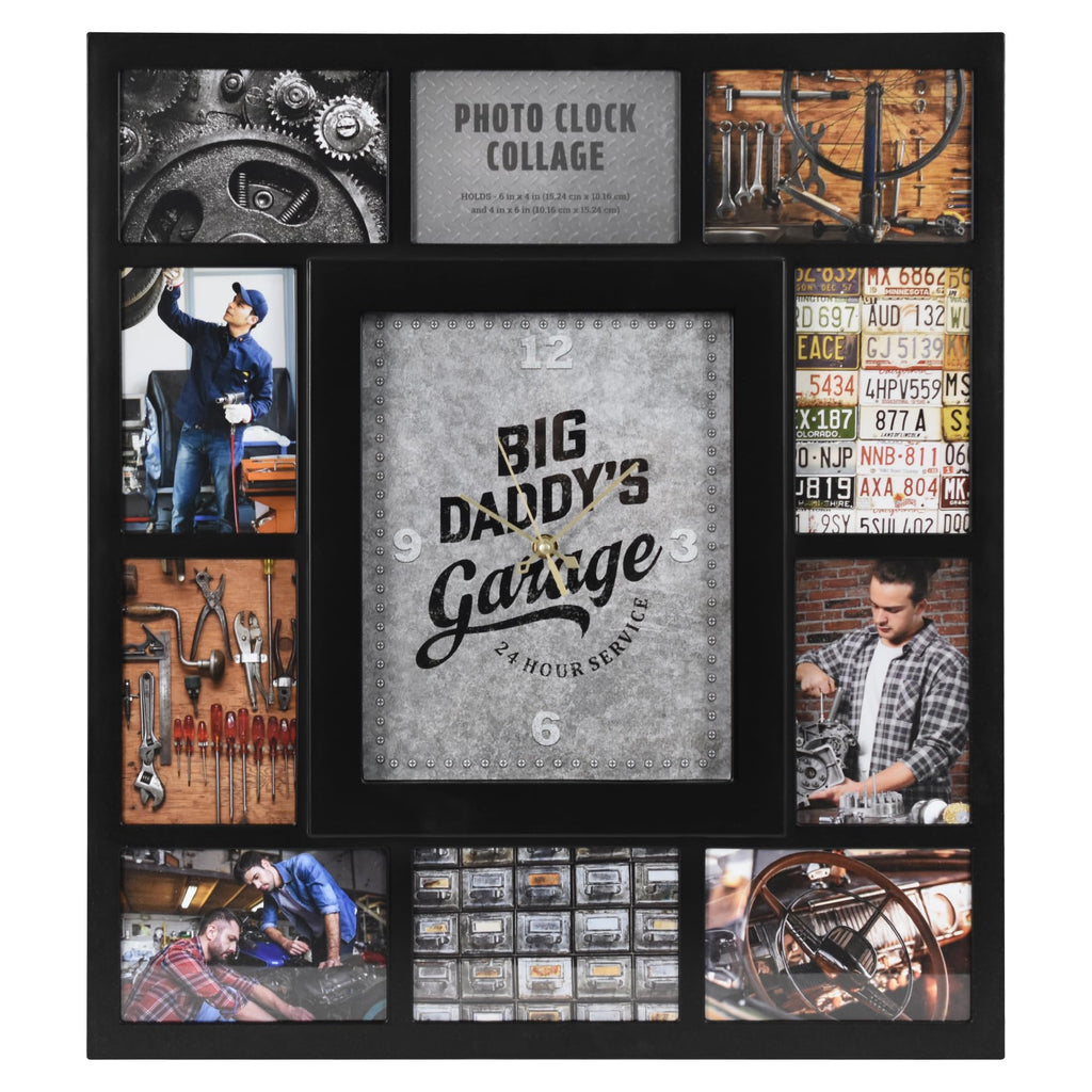Picture Frame Collage Clock - 10 Photo Display Slots - Big Daddy's Garage Wall Mounted Modern Wall Decor - Wall Clock