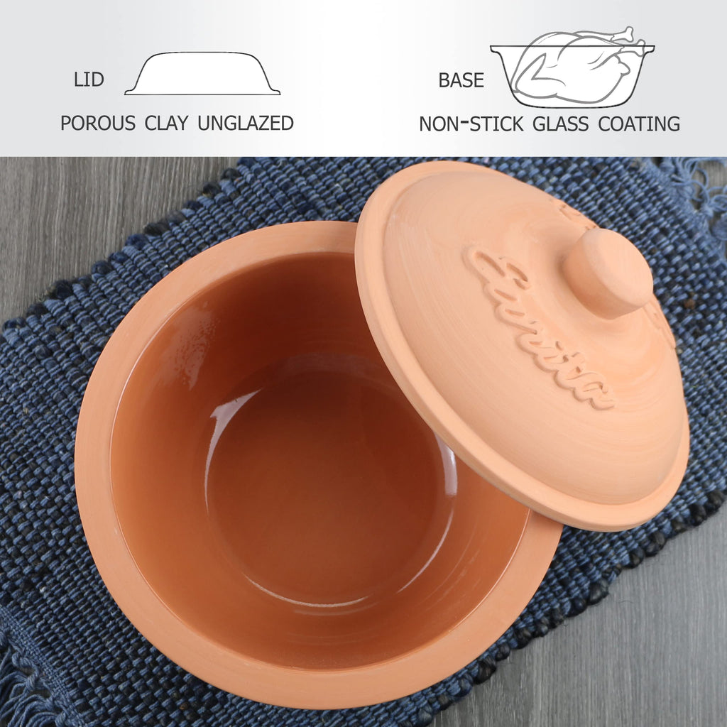 Eurita 2 Quart Terracotta Clay Dutch Oven - Natural, Lead‐& Cadmium‐Free, Oven & Microwave Safe, Rustic Slow-Cooker