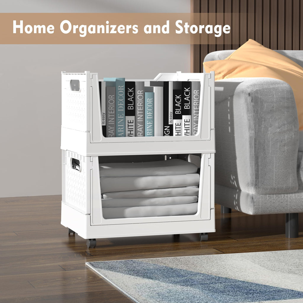 Stackable Plastic Storage Basket, 3 Pack Foldable Closet Organizers and Storage Bins with Wheels, Collapsible Drawer