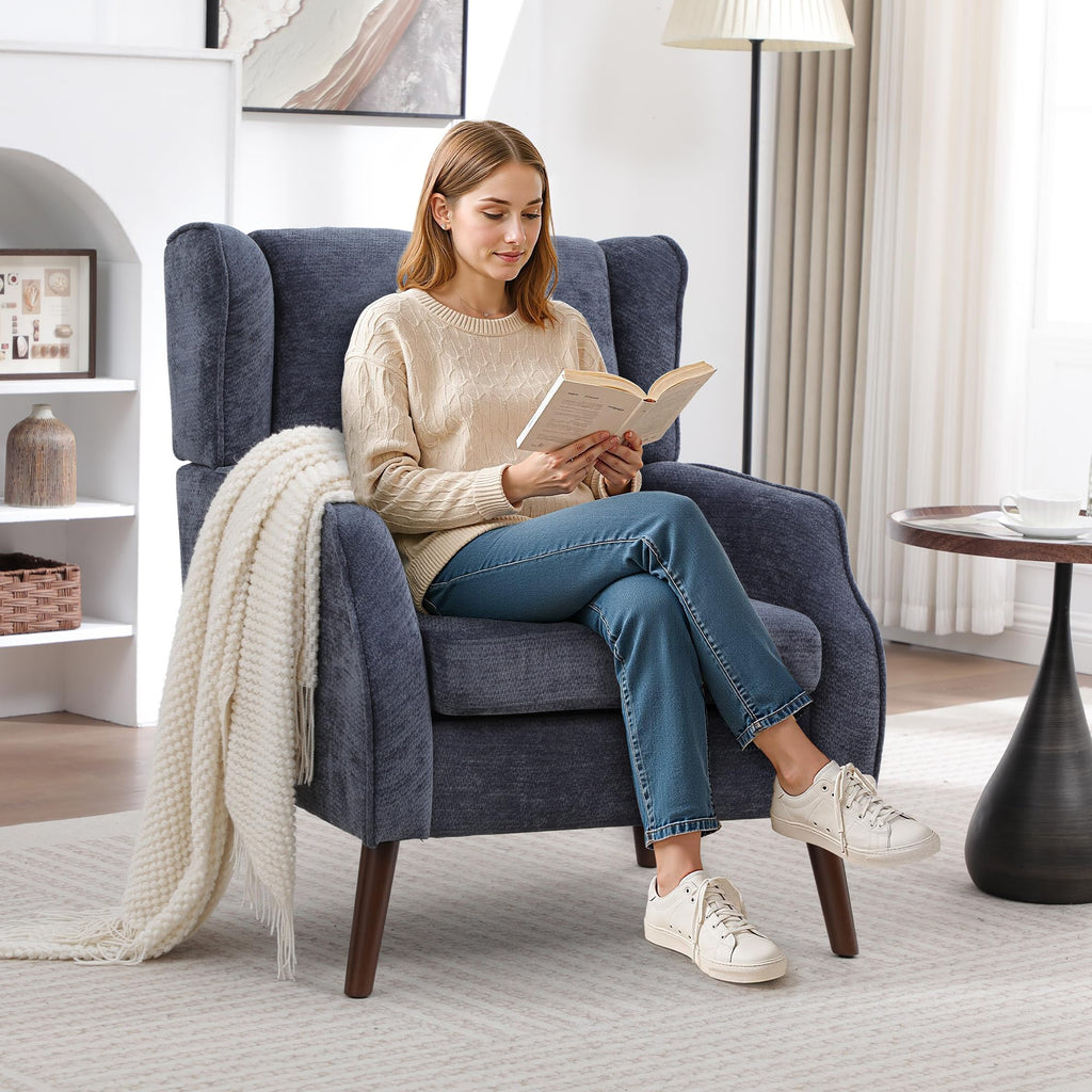 Accent Chair, Mid Century Modern Wingback Chair, Upholstered Fabric Armchair with Lounge Seat and Wood Legs