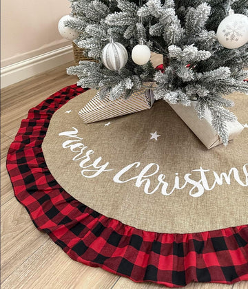 48 Inch Christmas Tree Skirt Linen Burlap Buffalo Plaid Edge Decoration for Merry Christmas Party Red and Black