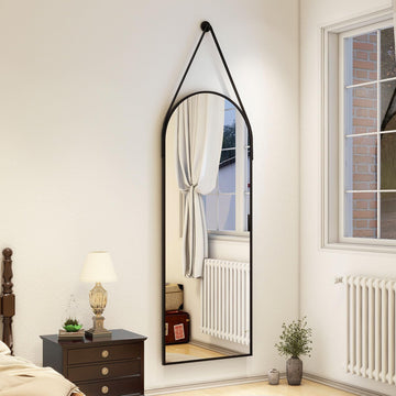 16''x48'' Full Length Mirror, Modern Arched Door Mirror Full Length with Hanging Leather Cord, Wall Mounted Mirror