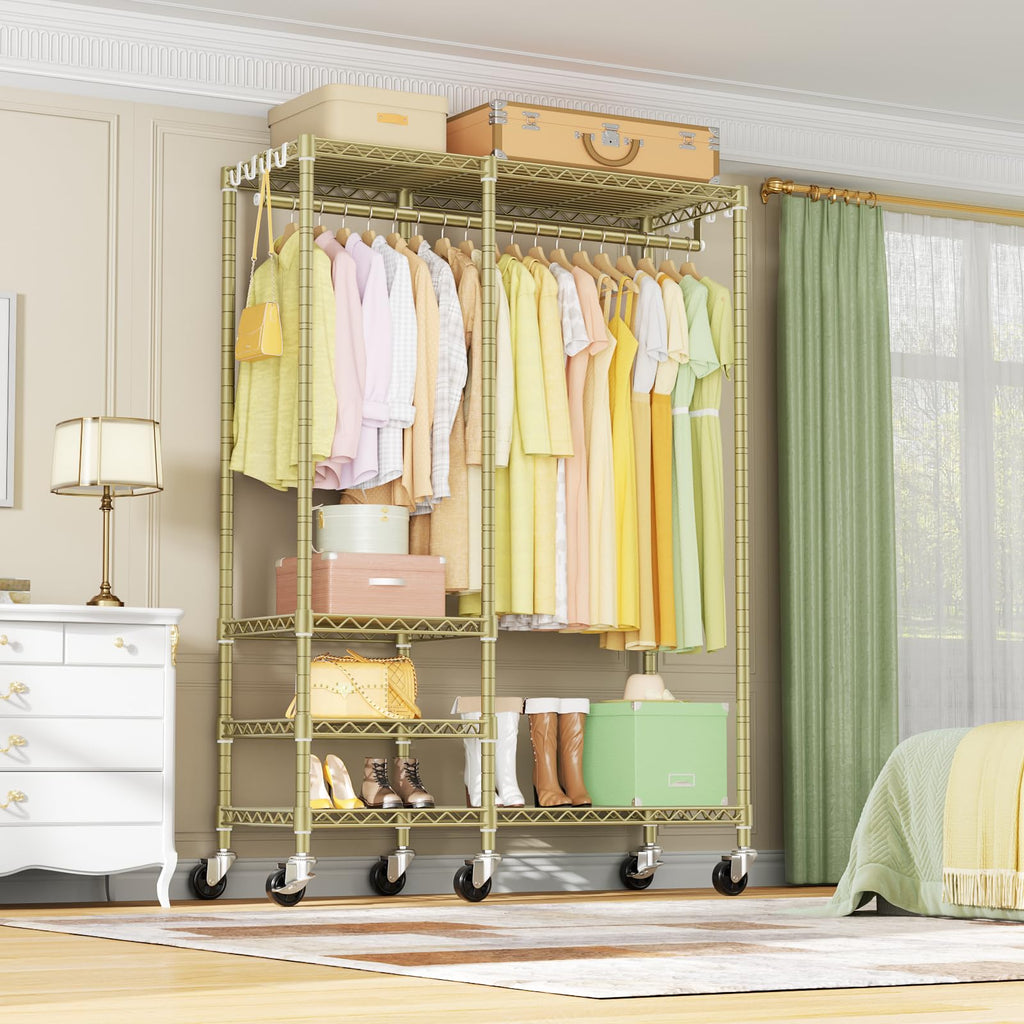 F4R Heavy Duty Clothes Rack(With Lockable Wheels )Rolling Clothing Racks for Hanging Clothes, Adjustable Closet