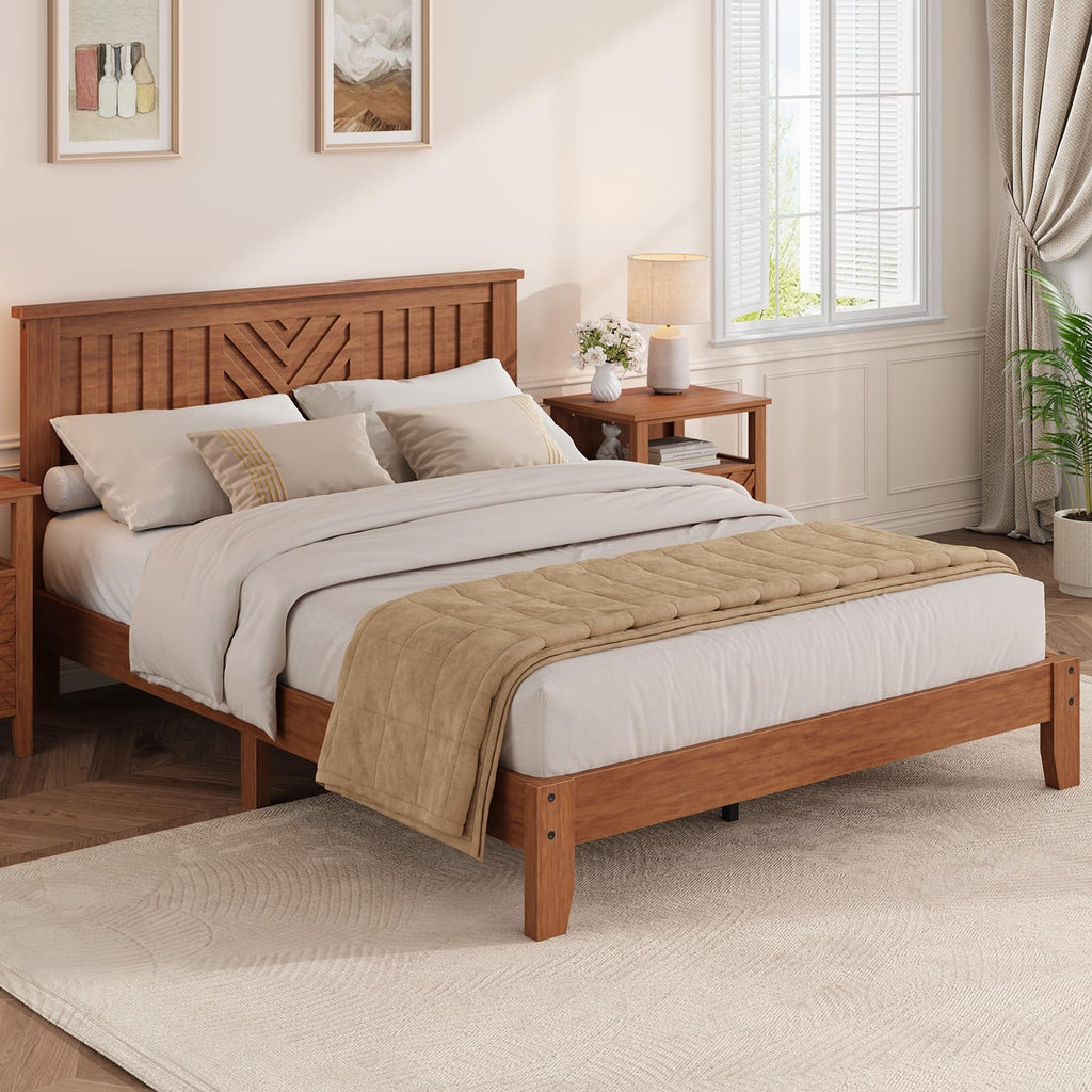 Rustic Wooden Platform Bed Frame with Headboard, Mattress Foundation with Wooden Slat Support, No Box