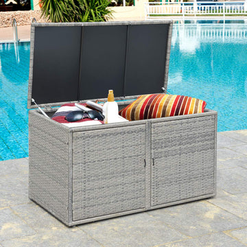 Outdoor Wicker Storage Box, Garden Deck Bin with Steel Frame, Rattan Storage Box with Lid, Ideal for Storing Tools