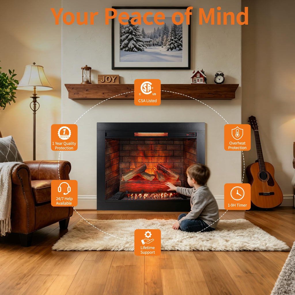 33" Electric Fireplace Insert w/Trim Kit, Hardwired or Plug-in, Realistic Crackling Sound & 4 Flame Colors, 1500W